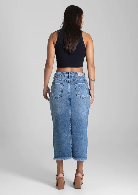 Saia Midi Jeans Sawary Feminina - Azul 40