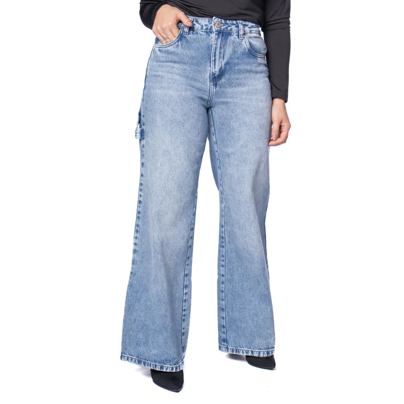 Calça Jeans Feminina Sawary Wide Leg Estonado Azul - 38
