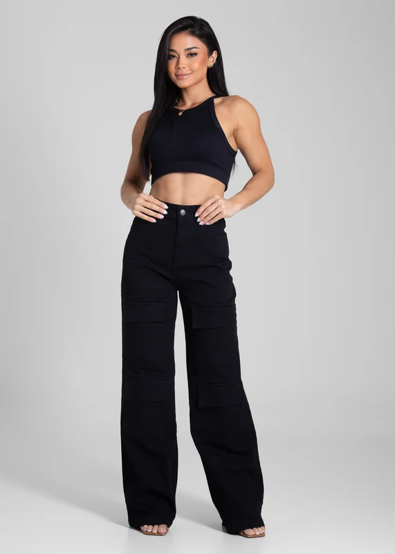 Calça Sarja Sawary Wide Leg Cargo - 281947 PRETO PRETO / 44
