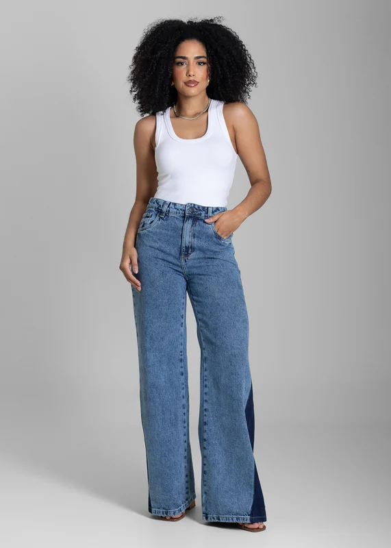 Calça Jeans Sawary Wide Leg Bicolor - 282287 AZUL AZUL / 36