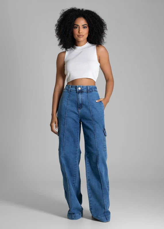 Calça Jeans Sawary Wide Leg Cargo - 282021 AZUL AZUL / 46