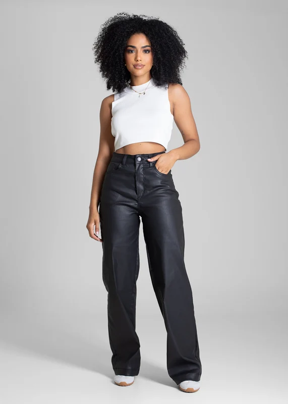 Calça Resinada Sawary Wide Leg Petit - 283518 PRETO PRETO / 36
