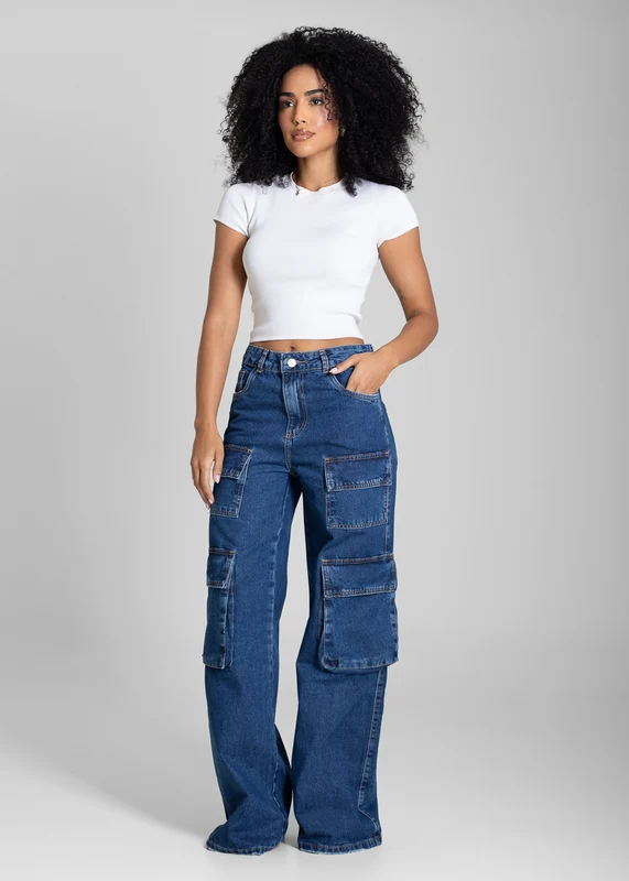 Calça Jeans Sawary Wide Leg Cargo - 282812 AZUL AZUL / 36