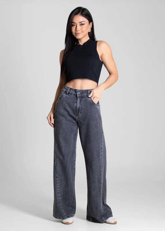 Calça Jeans Sawary Wide Leg Petit Strass - 283437 PRETO PRETO / 44