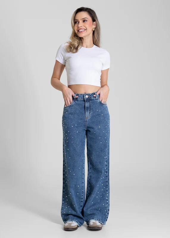 Calça Jeans Sawary Wide Leg Petit Brilho - 283723 AZUL AZUL / 40