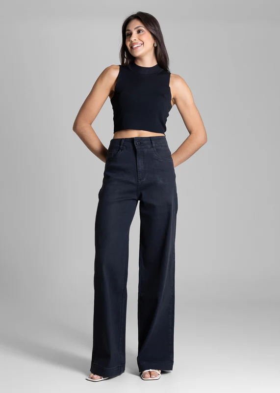Calça Sarja Sawary Wide Leg - 283483 PRETO PRETO / 44