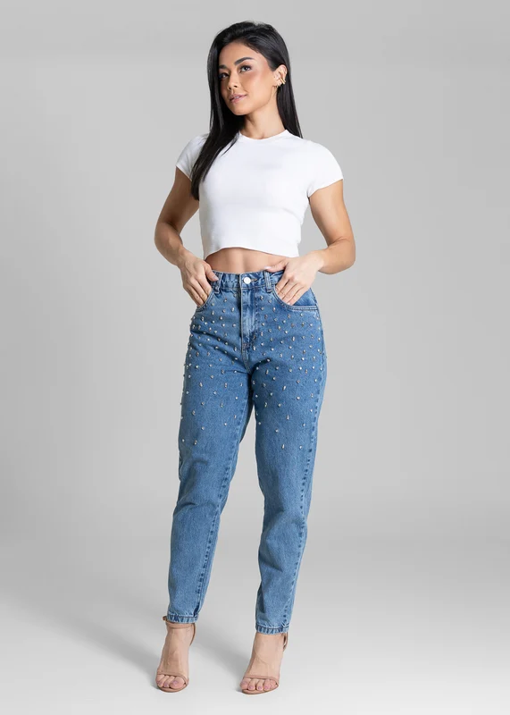 Calça Jeans Sawary Mom Brilho Bordado - 283584 AZUL AZUL / 36