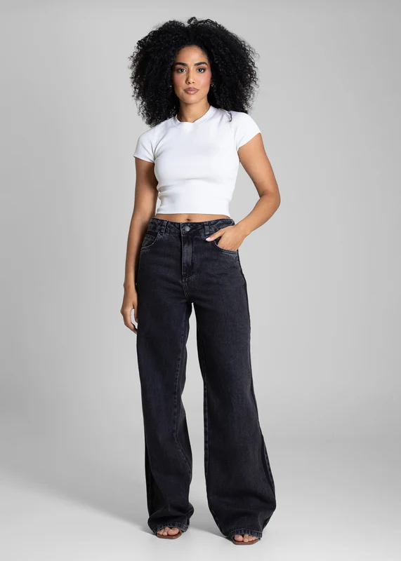 Calça Jeans Sawary Wide Leg - 283147 PRETO PRETO / 44