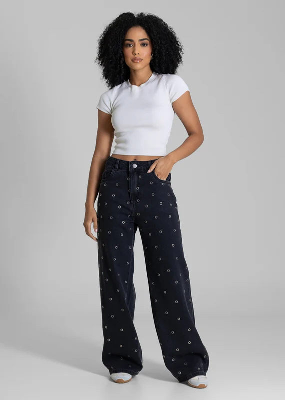 Calça Jeans Sawary Wide Leg Petit Ilhós - 283614 PRETO PRETO / 36