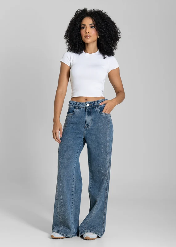 Calça Jeans Sawary Wide Leg Petit Brilho - 283576 AZUL AZUL / 46