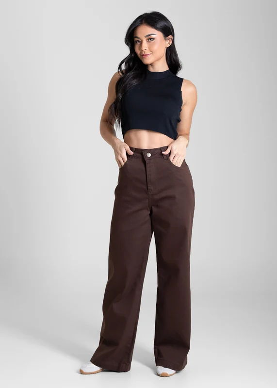 Calça Sarja Sawary Wide Leg Petit - 283694 MARROM MARROM / 42