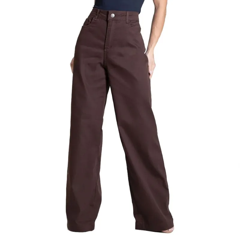 Calça Feminina Sawary Wide Leg Em Sarja Marrom - 42