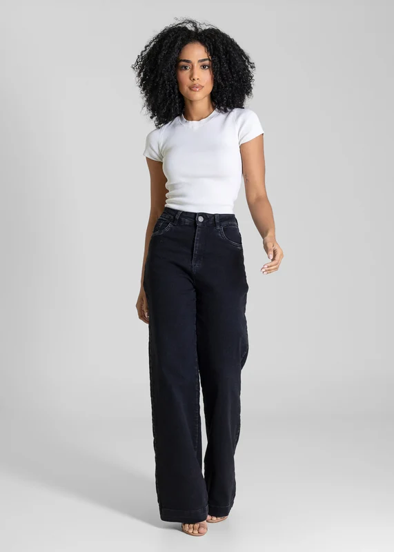 Calça Jeans Sawary Wide Leg - 283979 PRETO PRETO / 36