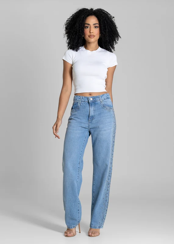 Calça Jeans Sawary Reta Brilho Tachas - 284011 AZUL AZUL / 36