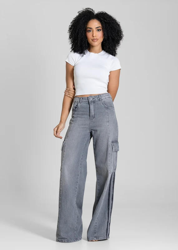 Calça Jeans Sawary Wide Leg Listras Cargo - 283051 GRAY GRAY / 38