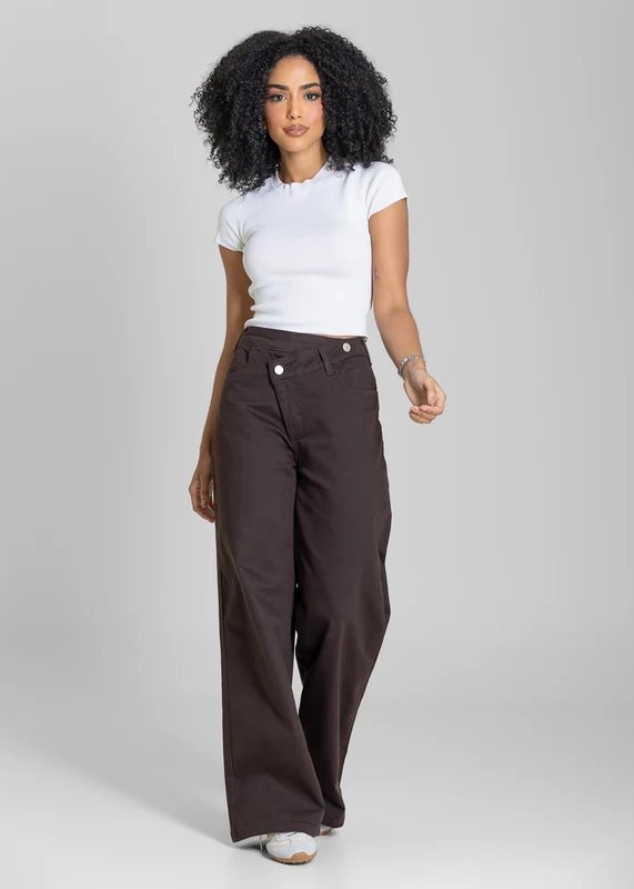 Calça Sarja Sawary Wide Leg Petit t Cós Transpassado - 283878 MARROM MARROM / 34