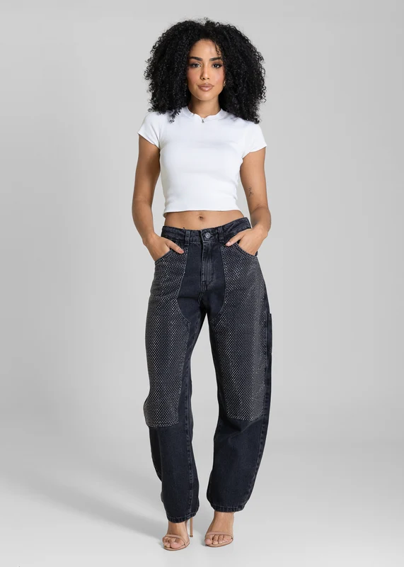 Calça Jeans Sawary Barrel Brilho - 283610 PRETO PRETO / 46