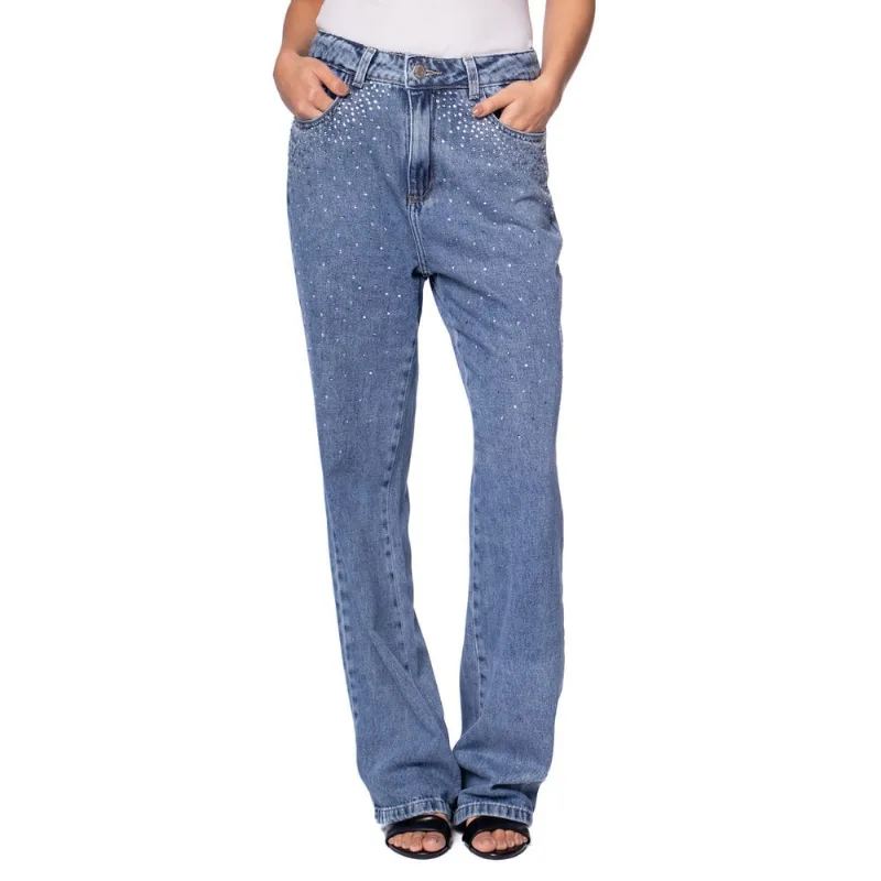 Calça Jeans Feminina Sawary Reta Brilho Estonada Azul Claro - 40