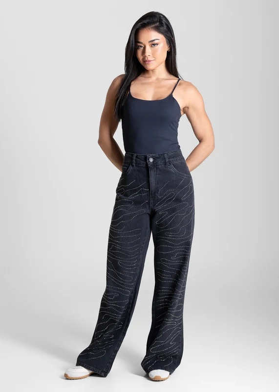 Calça Jeans Sawary Wide Leg Petit Brilho - 283523 PRETO PRETO / 36