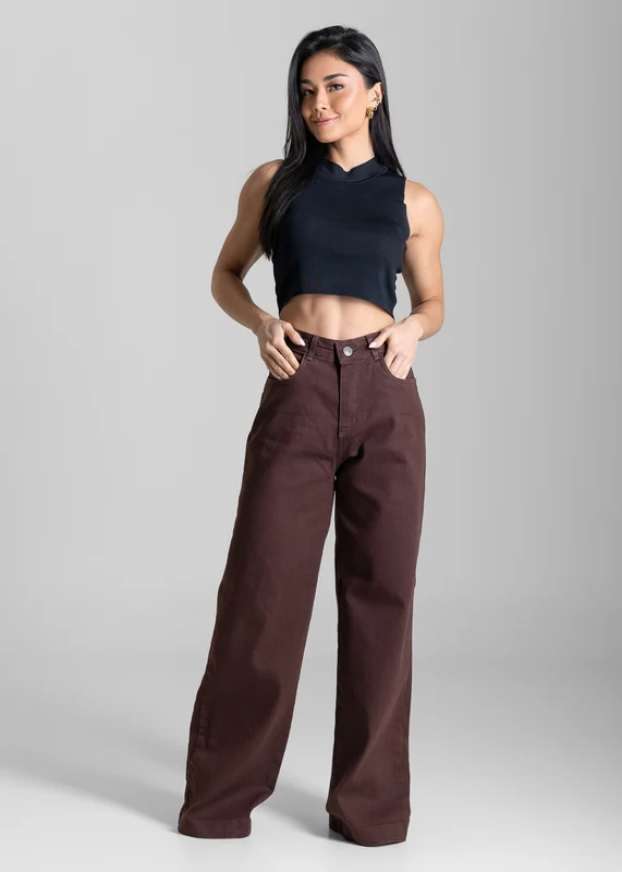 Calça Sarja Sawary Wide Leg - 284117 MARROM MARROM / 44