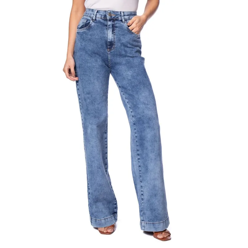 Calça Jeans Feminina Sawary Wide Leg Estonada Azul - 38