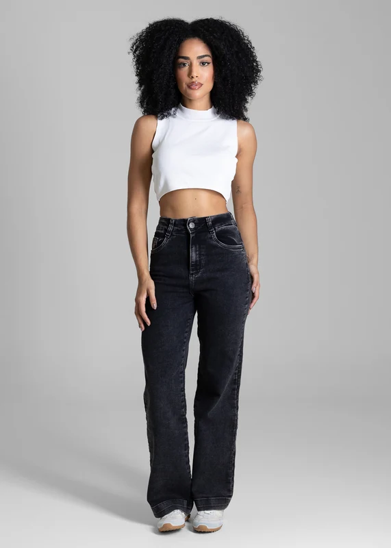 Calça Jeans Sawary Wide Leg Petit - 284434 PRETO PRETO / 36