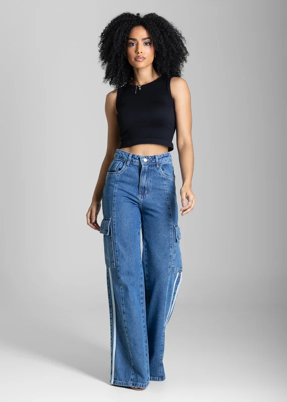 Calça Jeans Sawary Wide Leg Listras - 283185 AZUL AZUL / 36