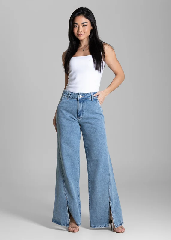 Calça Jeans Sawary Wide Leg Fenda Frontal - 284316 AZUL AZUL / 44