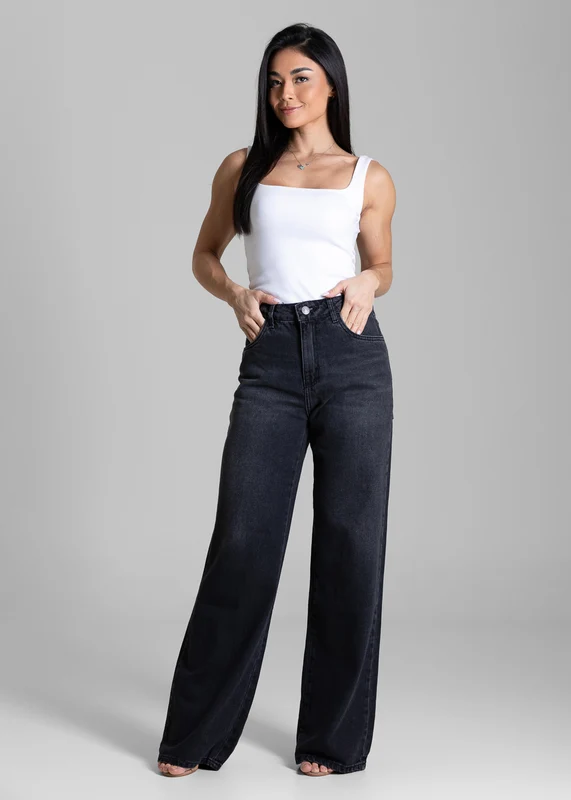 Calça Jeans Sawary Wide Leg - 284393 PRETO PRETO / 40