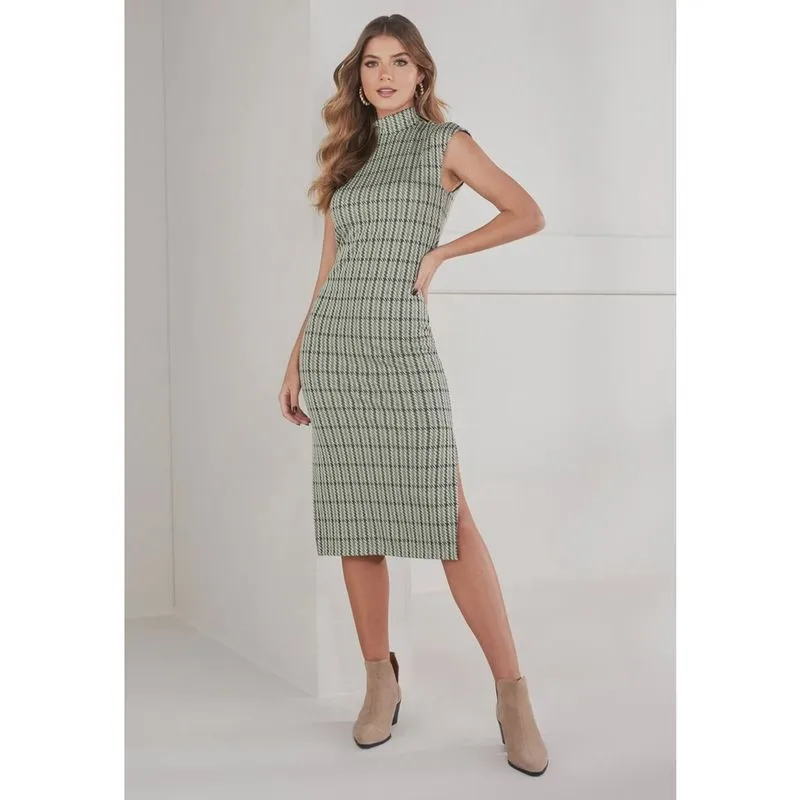 Vestido Midi Lado Avesso Gola Alta Verde