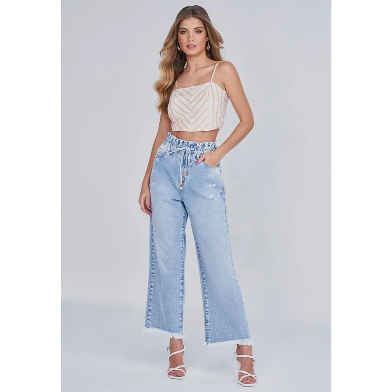 Calça Wed Leg Lado Avesso Cropped Jeans Azul Claro
