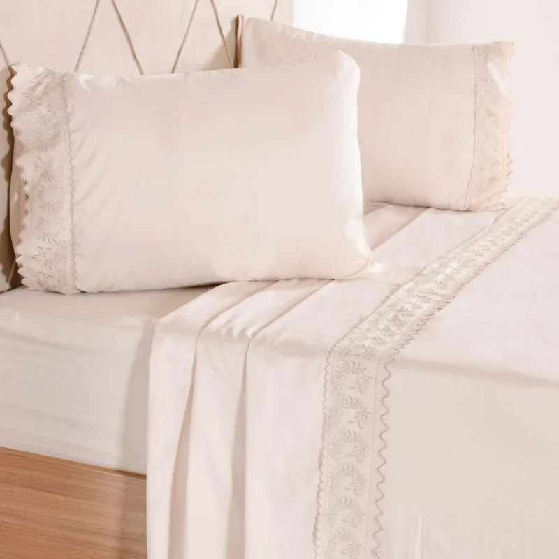 Jogo de Cama Broderie King Tapioca 4 Peças - Hiper Têxtil