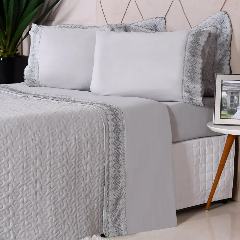 Jogo de Cama Broderie Solteiro Níquel 3 Peças - Hiper Têxtil