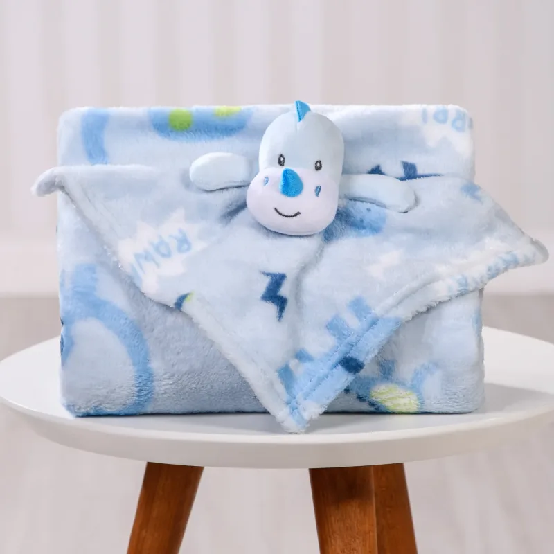 Kit Presente Bebês Manta Estampada e Naninha Hipopótamo Azul Bene Casa