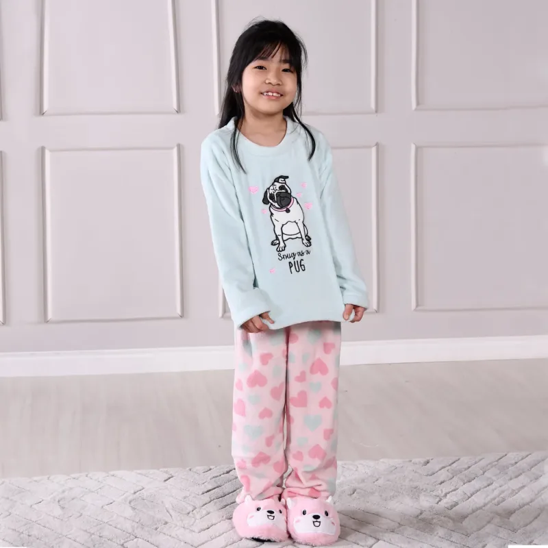 PIJAMA LONGO INFANTIL PLUSH PUG ROSA E TURQUESA BENE CASA