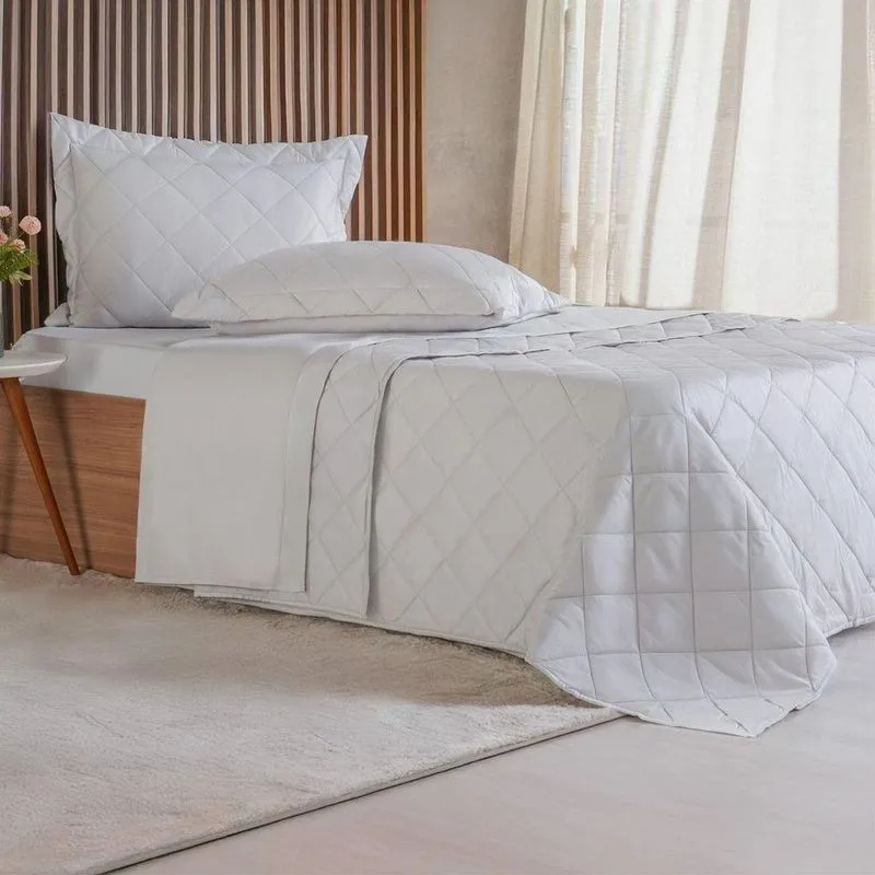 Kit Colcha Casal 3 Pçs Ricamo 300 Fios 100% Algodão 220x240cm Cinza Fog