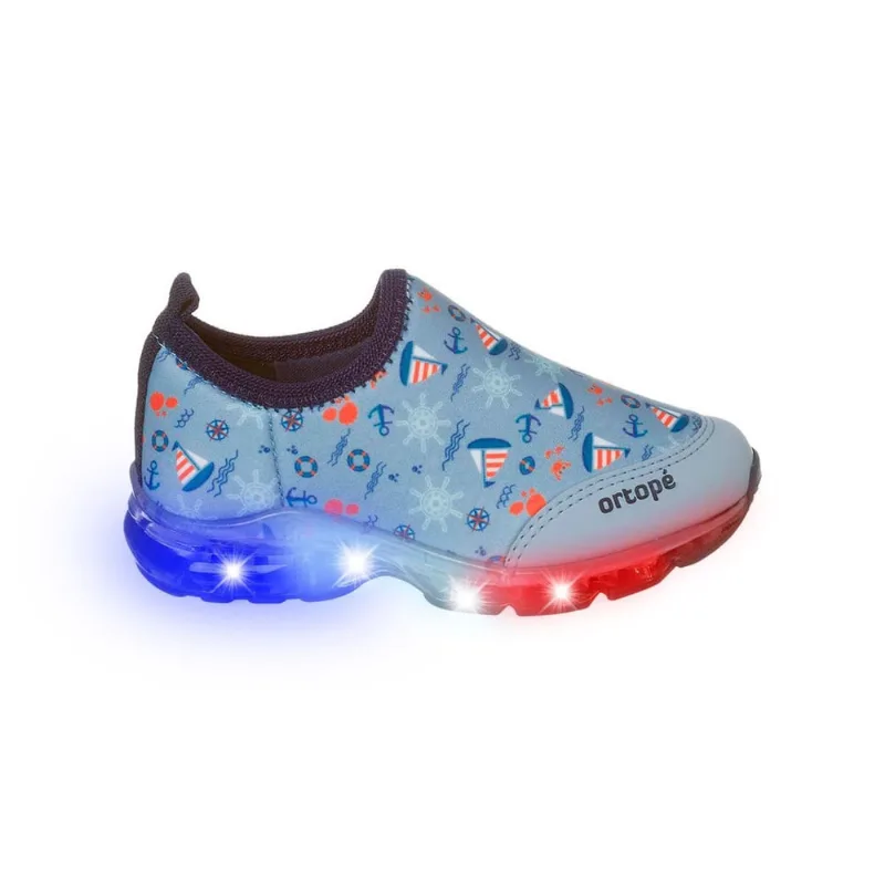 Tênis Led Infantil Masculino Ortopé Power Light Marinheiro Azul Jeans