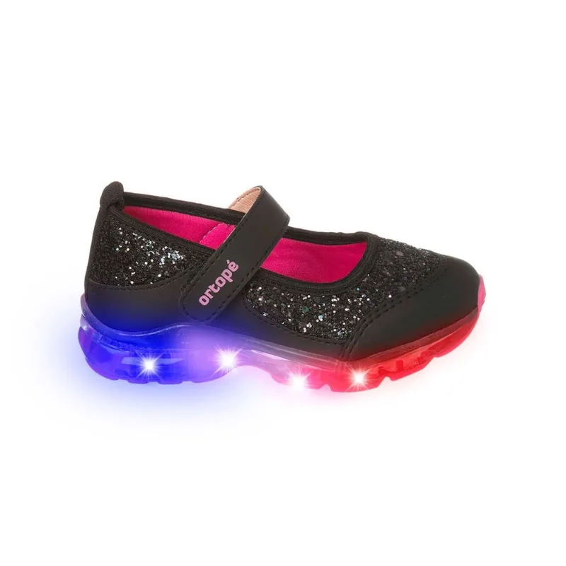Tênis Led Infantil Feminino Ortopé Power Light Glitter Preto e Rosa