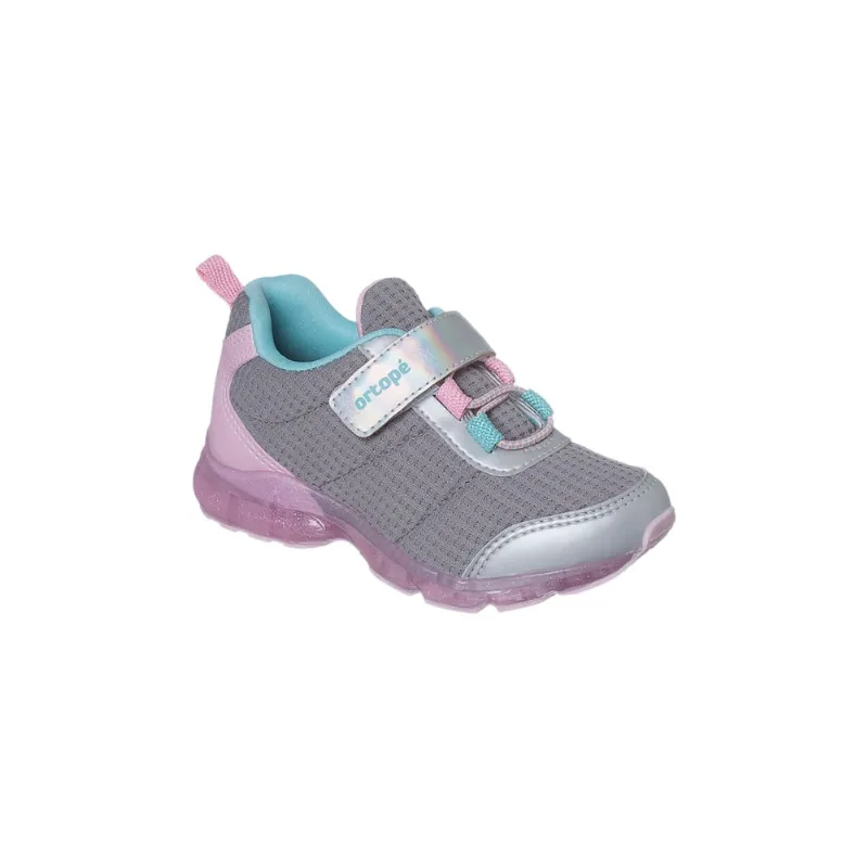 Tênis de Led Infantil Feminino Ortopé Power Ligth Elástico Cinza Rosa