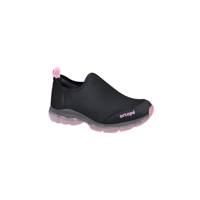 Tênis de Led Infantil Feminino Ortopé Power Light Detalhe Gorgurão Calce Fácil Preto Rosa