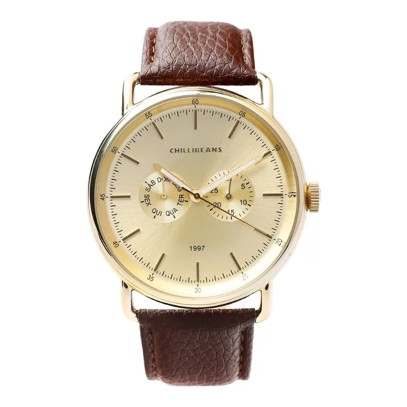 Relógio Analógico Masculino Chilli Beans Multifunção Couro Dourado RE.CR.0607.2102 M