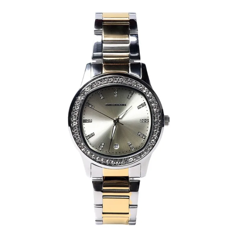 Relógio Analógico Feminino Chille Beans Pedrarias Prata Dourado RE.MT.1800.0721 P