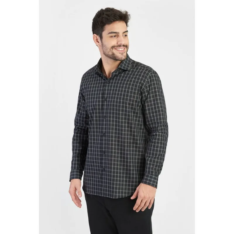 Camisa Slim em Tricoline Micro Xadrez Preto - P