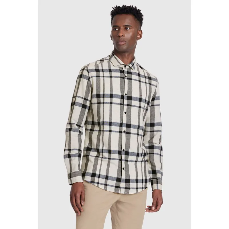 Camisa Slim Linho Algodão Xadrez Natural Com Marinho - G