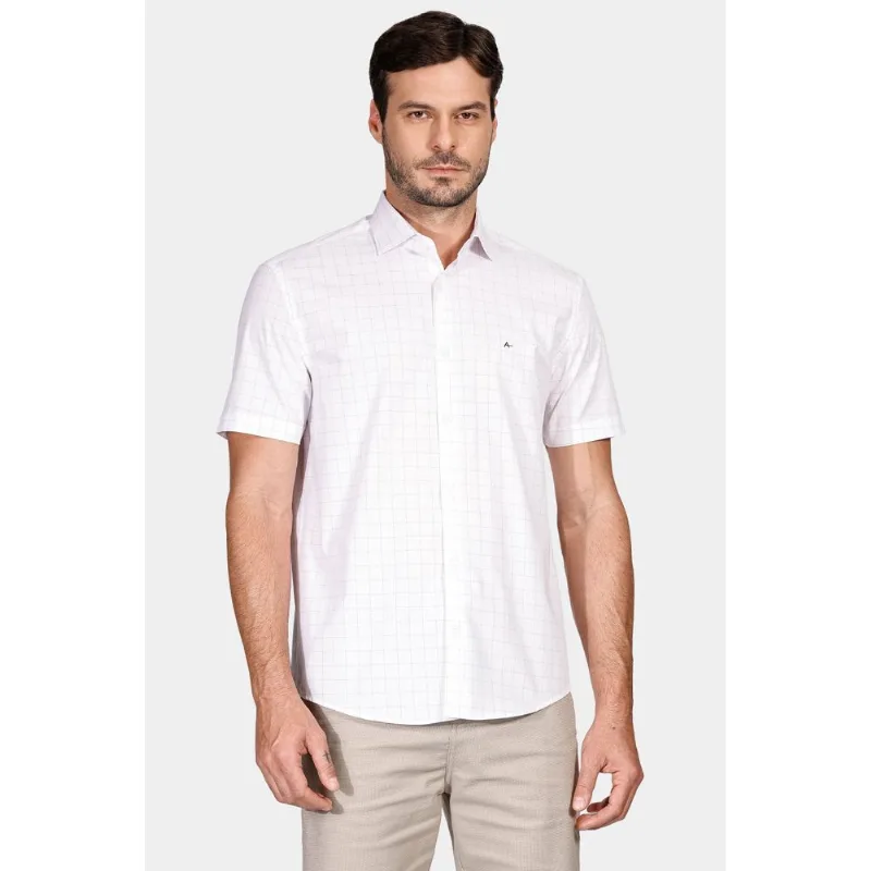 Camisa Manga Curta Tricoline Xadrez Branco e Coral - XGG