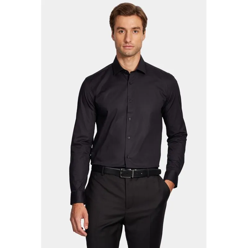 Camisa Manga Longa Slim em Tricoline Stretch Liso Preto - M
