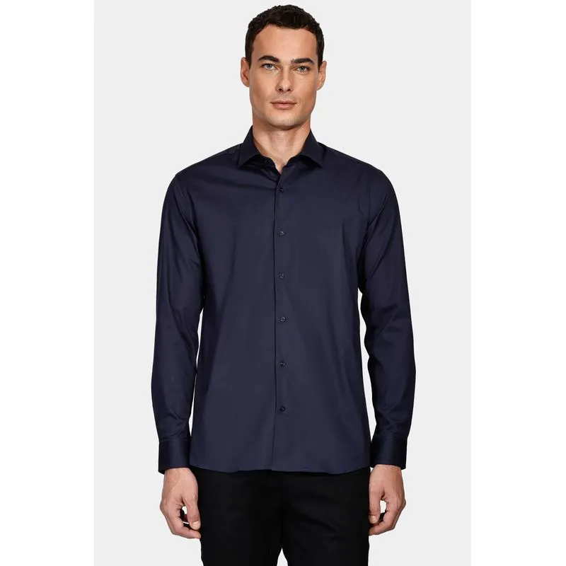 Camisa Manga Longa Slim em Tricoline Stretch Liso Marinho - GG