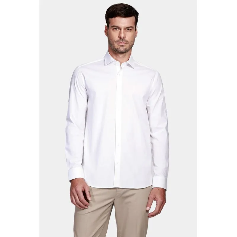 Camisa Manga Longa Slim em Tricoline Stretch Liso Branco - XGG