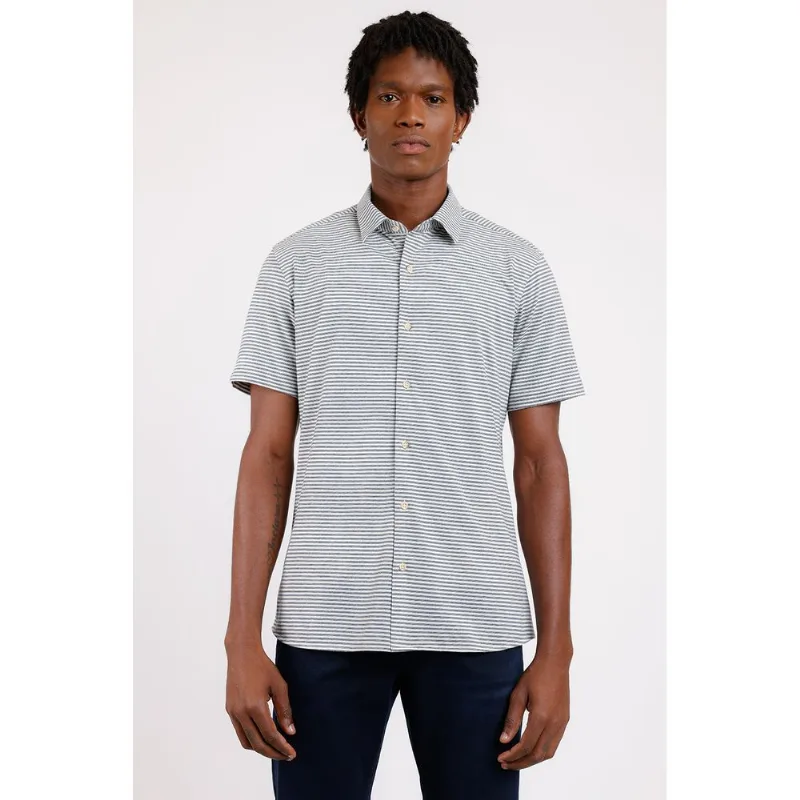Camisa Manga Curta Slim Malha Listrada Natural Com Azul - GG