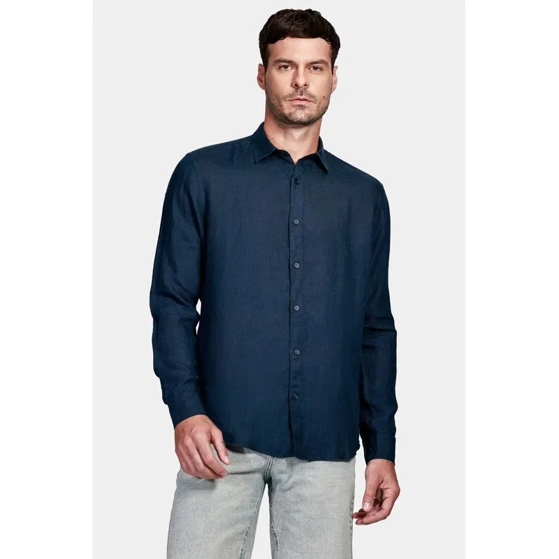 Camisa Manga Longa Slim em Linho Irlandês Marinho - P